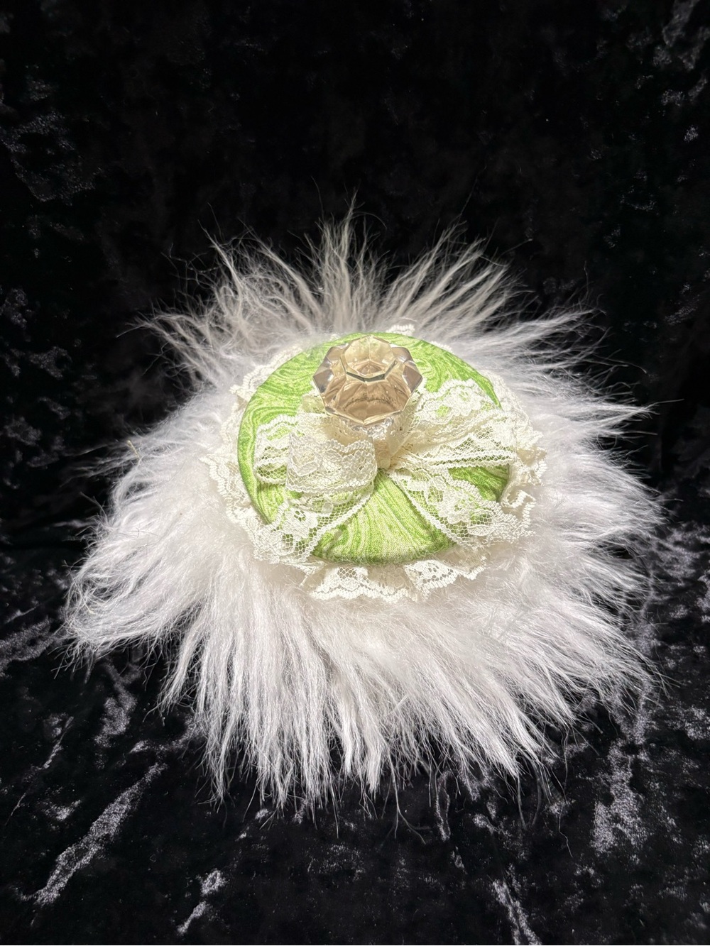 Handmade Luxury Powder Puff  W Vtg Glass Knob Lace Boudoir  Fluffy Gift For Her